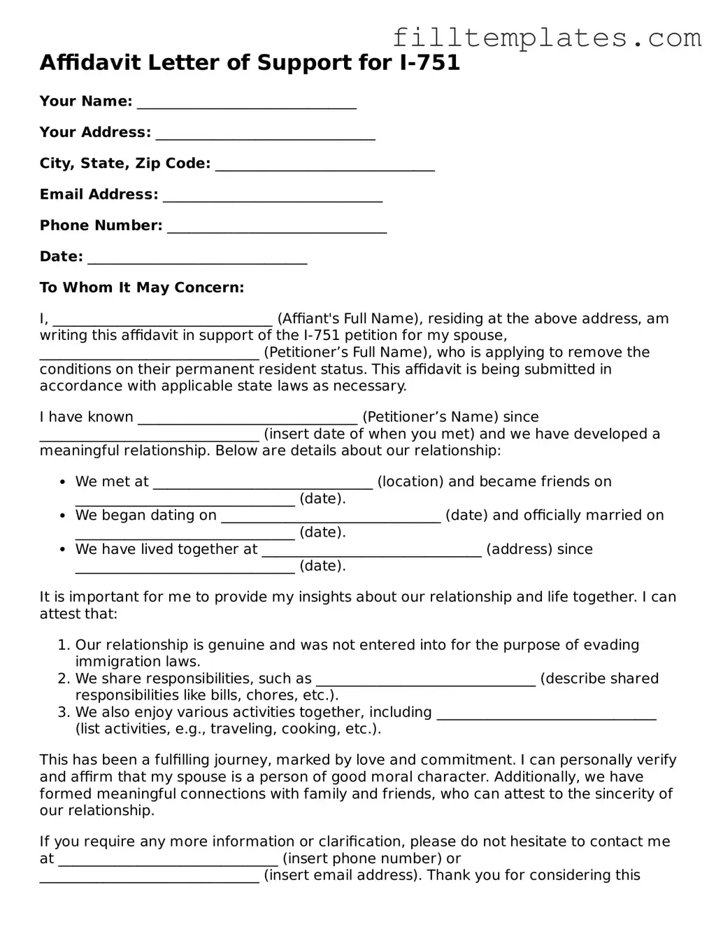 Free Affidavit Letter of Support for I-751 Template