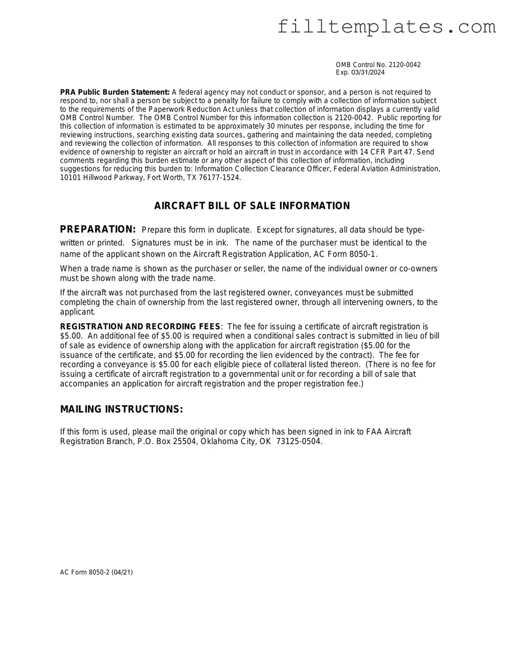 Download Aircraft Bill of Sale AC 8050-2 Template