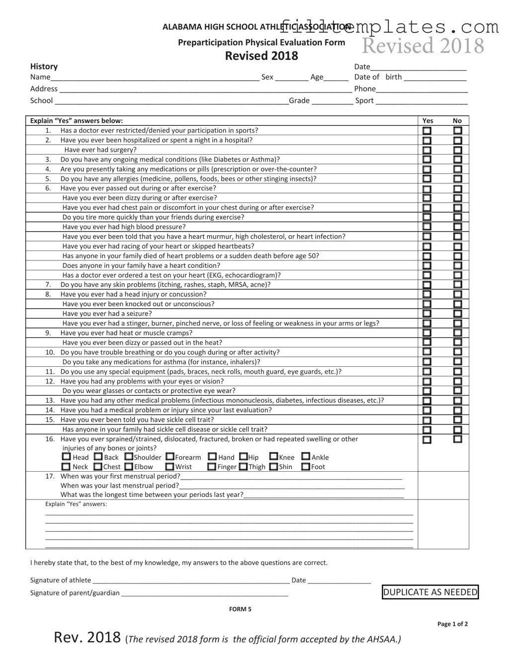 Download Alabama High School Physical Template