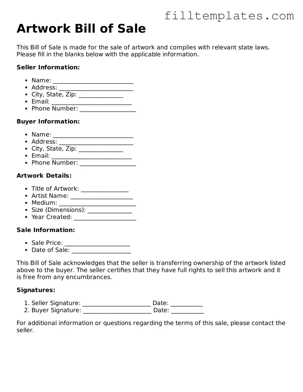Free Artwork Bill of Sale Template