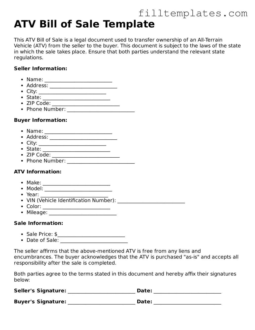 Free ATV Bill of Sale Template