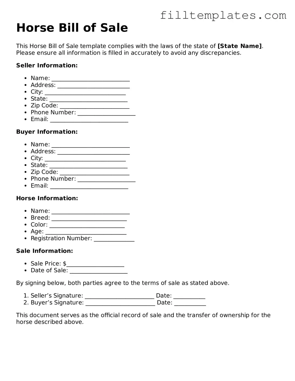 Free Horse Bill of Sale Template