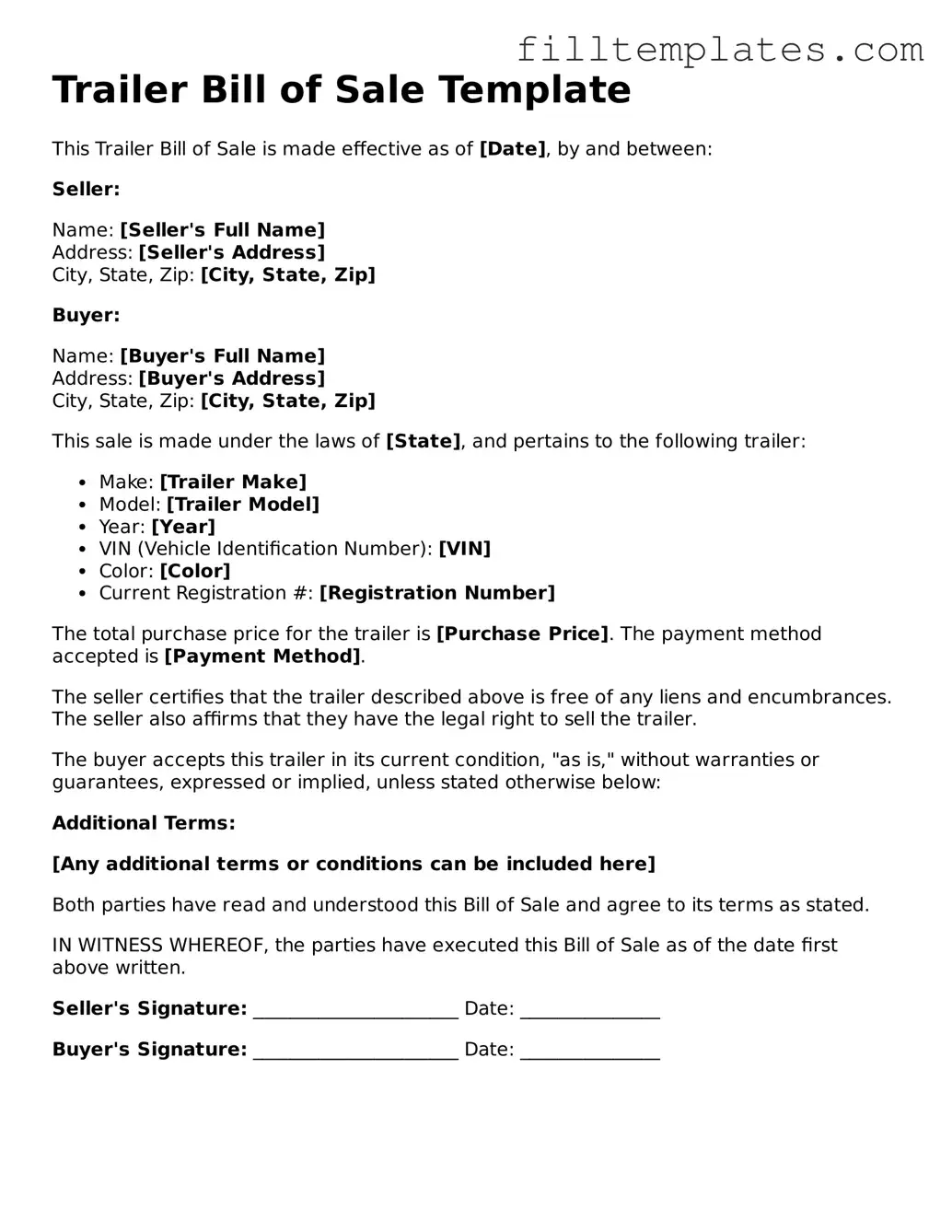 Free Trailer Bill of Sale Template
