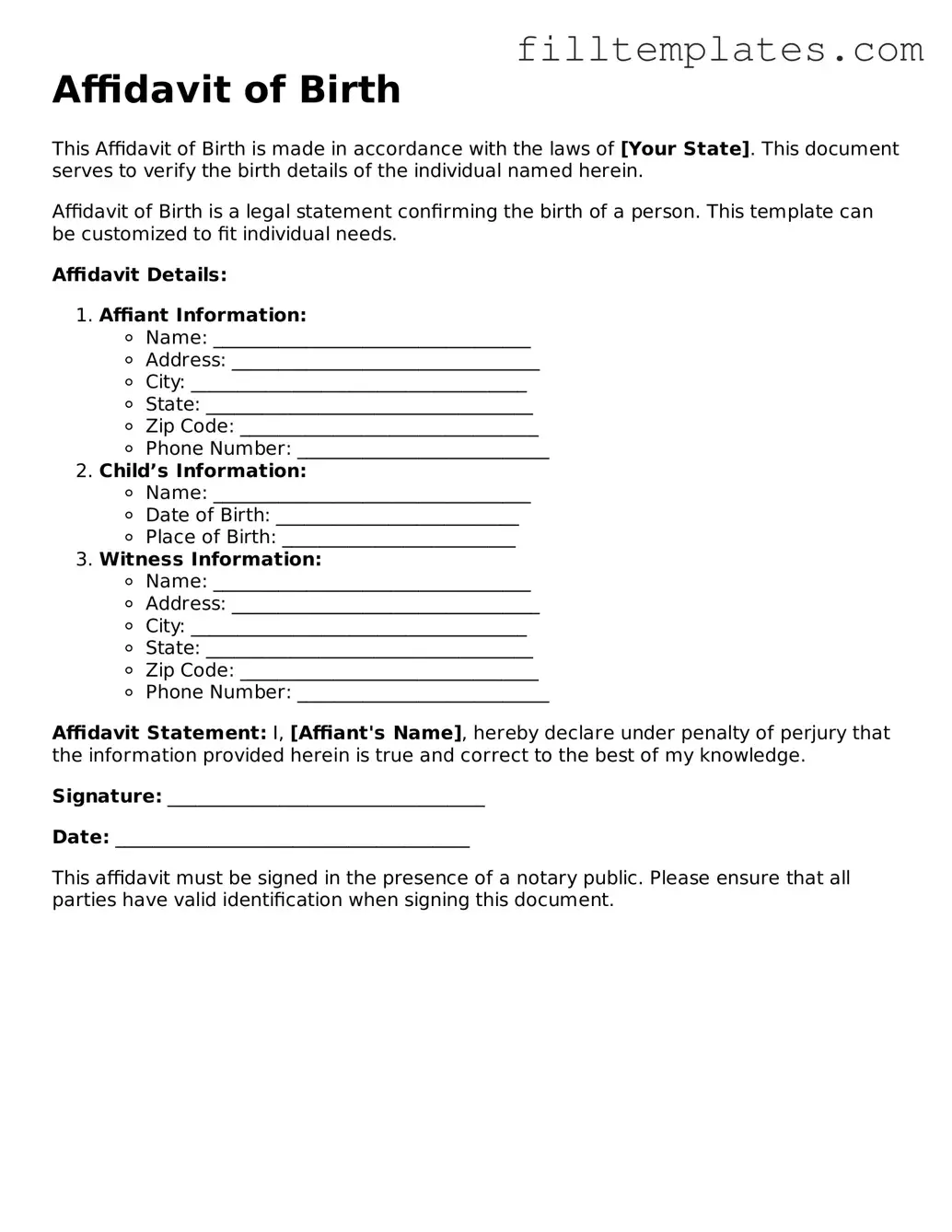 Free Affidavit of Birth Template