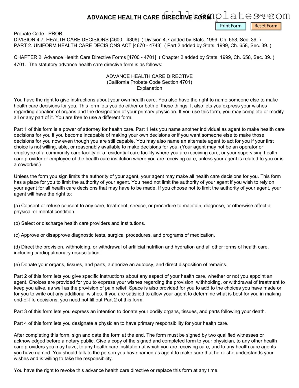 Download California Advanced Health Care Directive Template