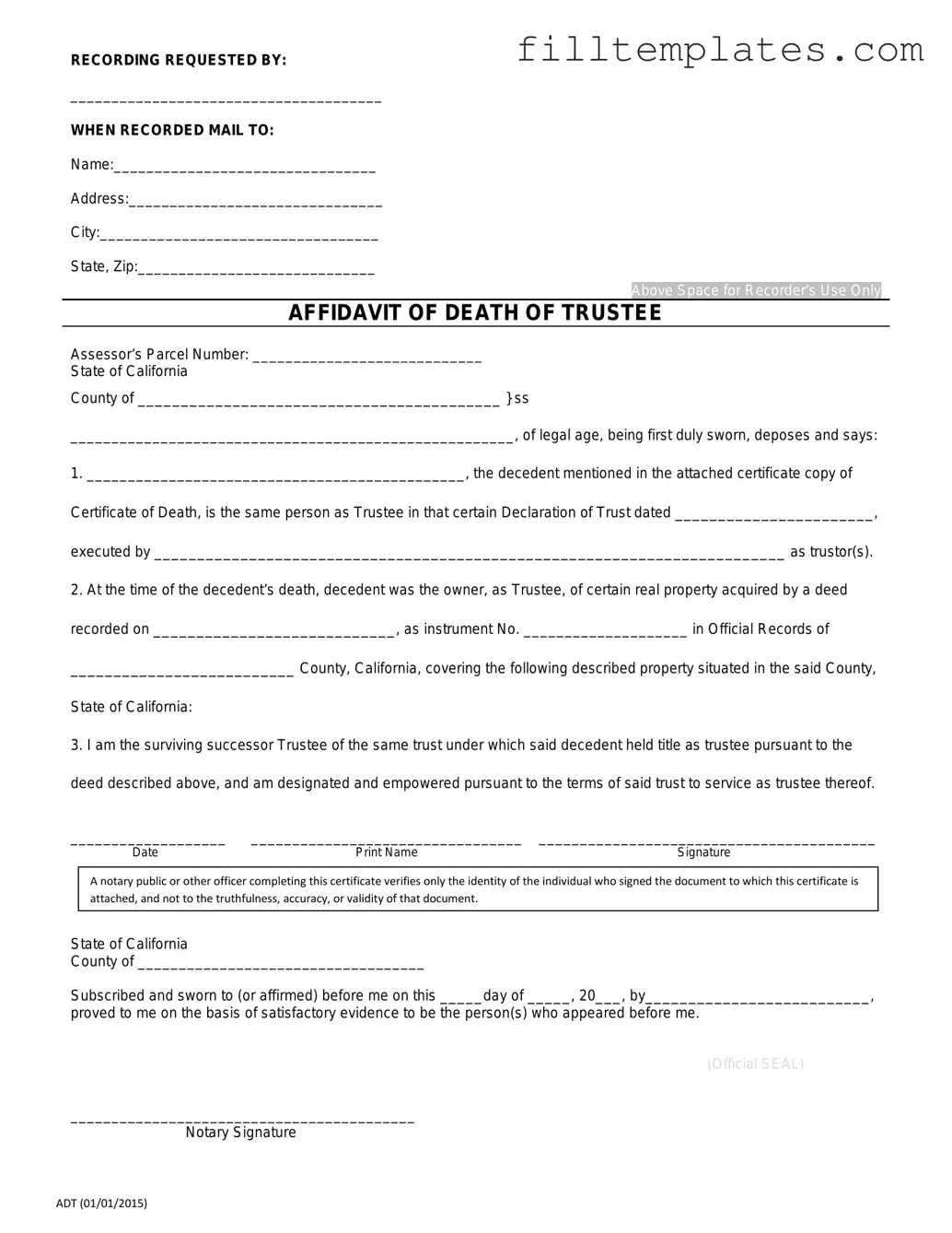 Download California Affidavit of Death of a Trustee Template