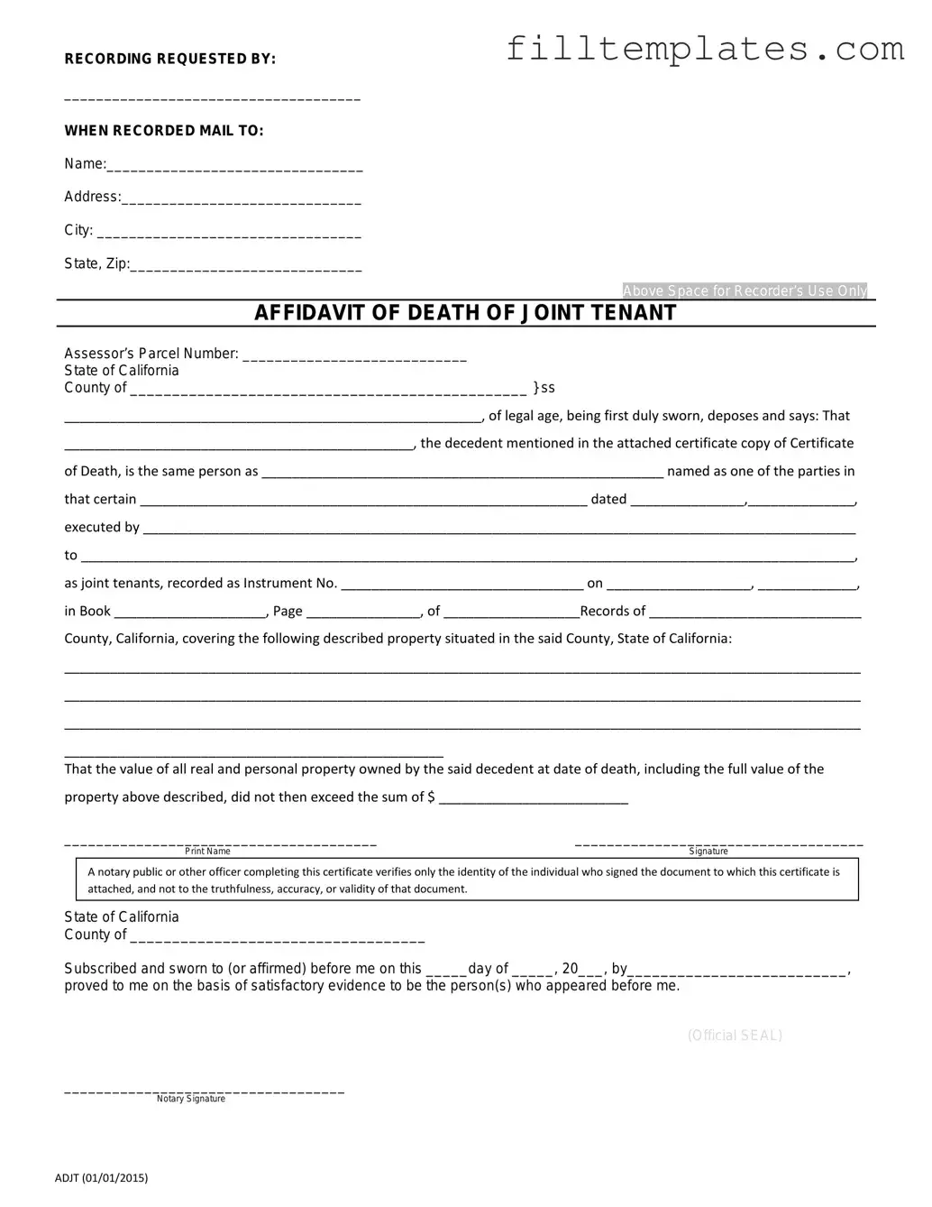Download California Death of a Joint Tenant Affidavit Template