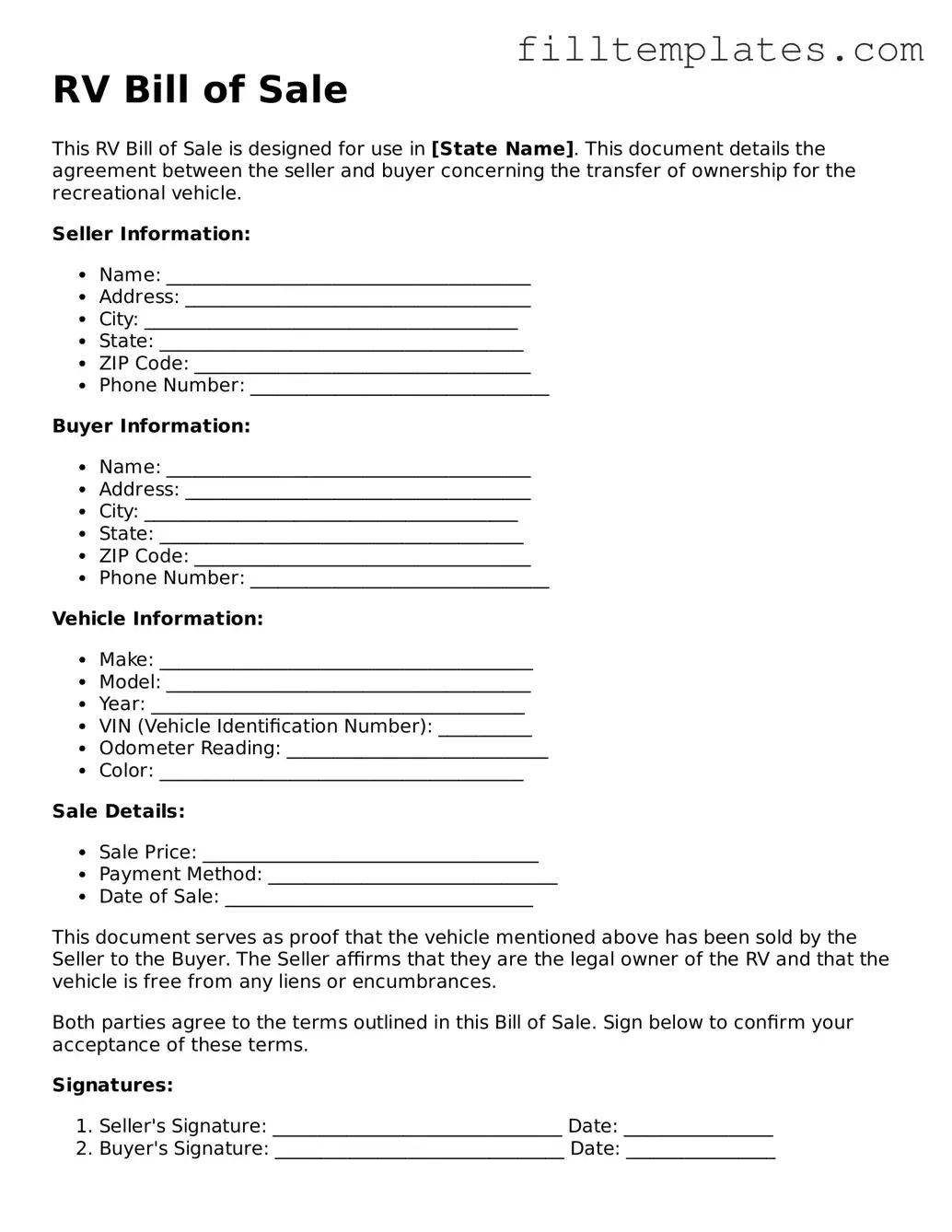 Free RV Bill of Sale Template