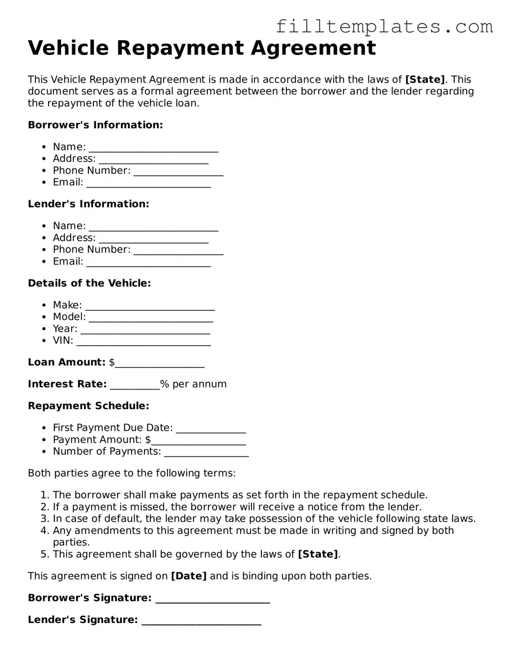 Free Vehicle Repayment Agreement Template
