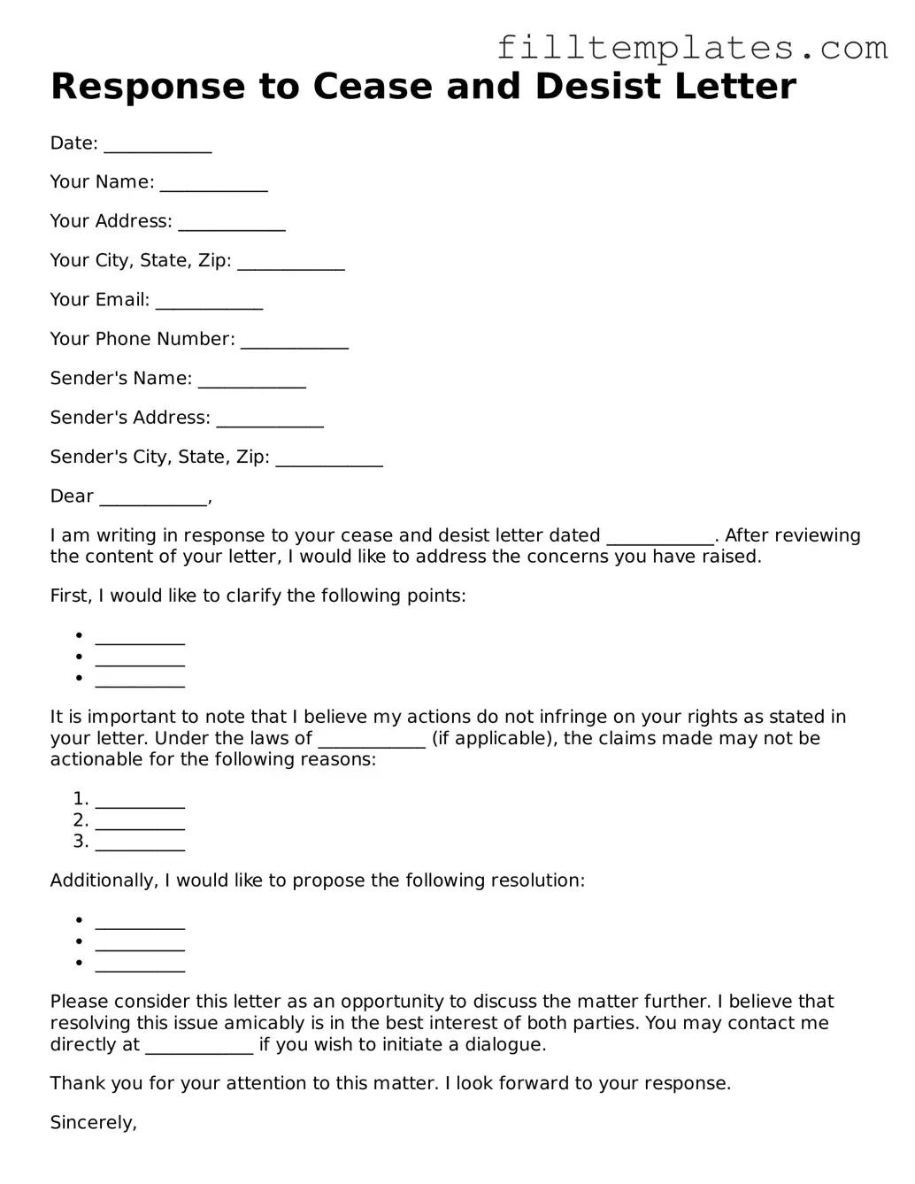 Free Response to a Cease and Desist Letter Template