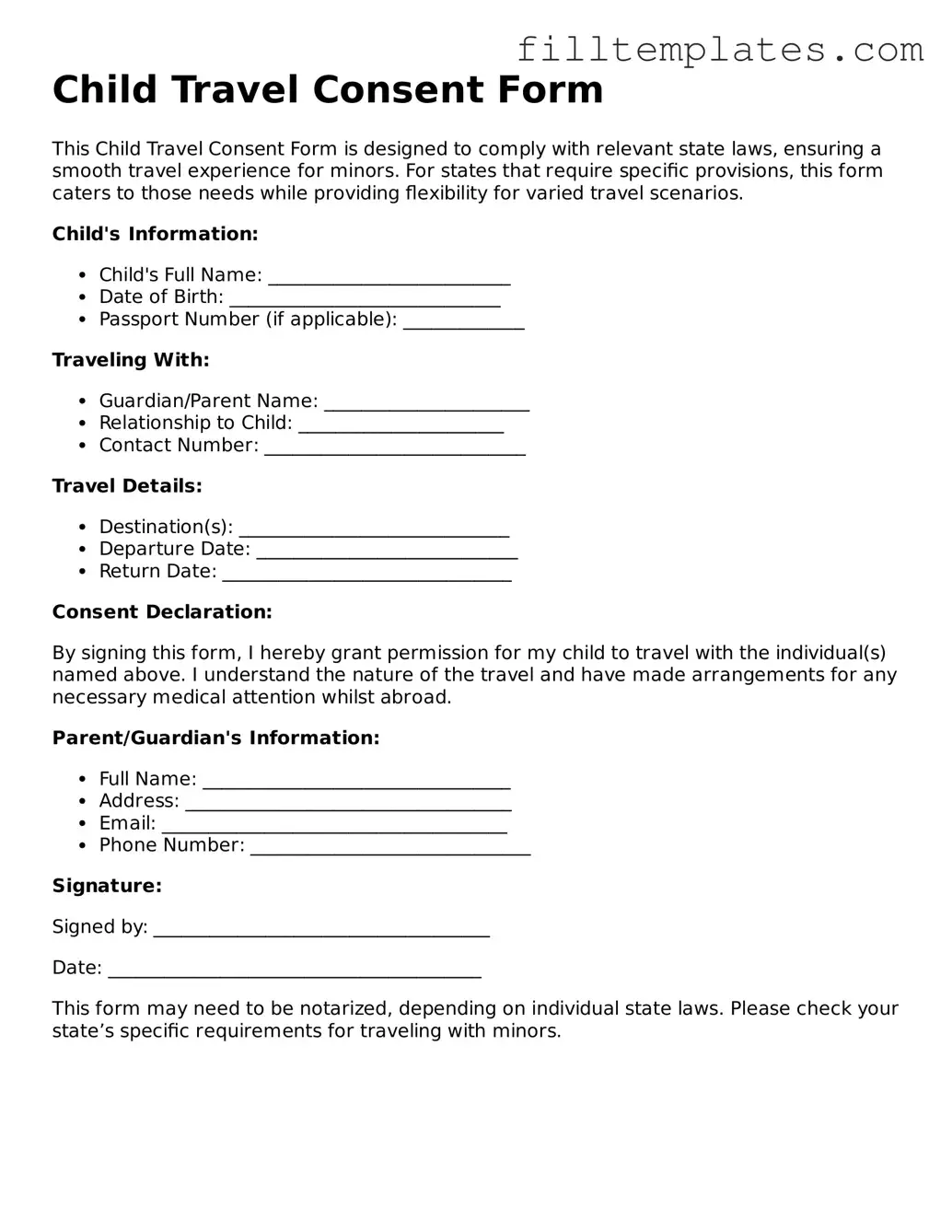 Free Child Travel Consent Form Template
