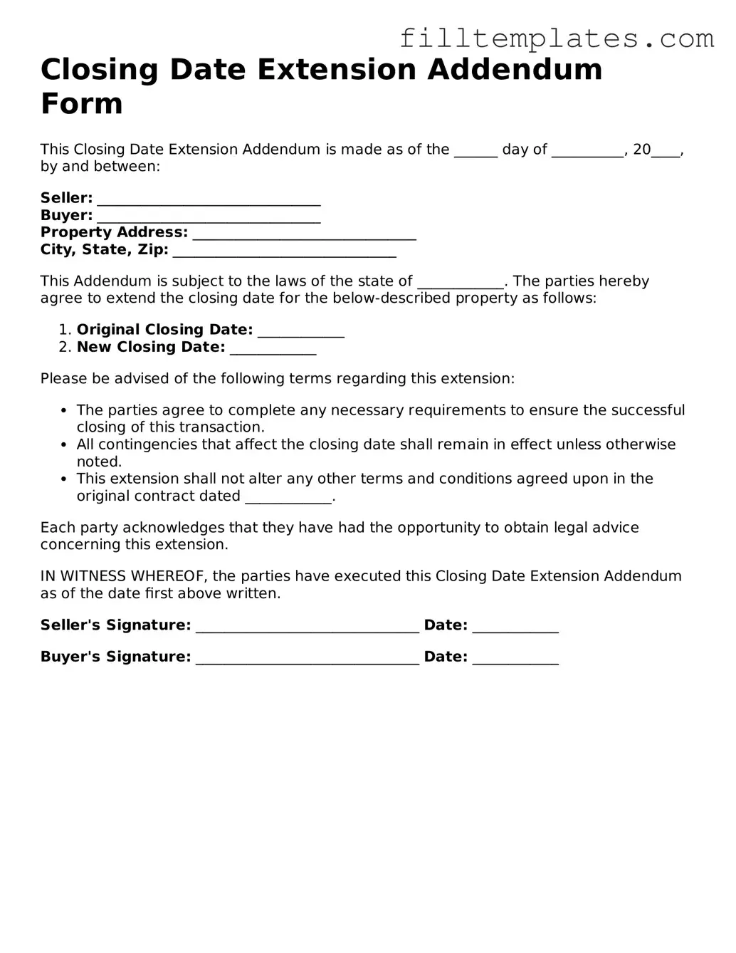 Free Closing Date Extension Addendum Form Template