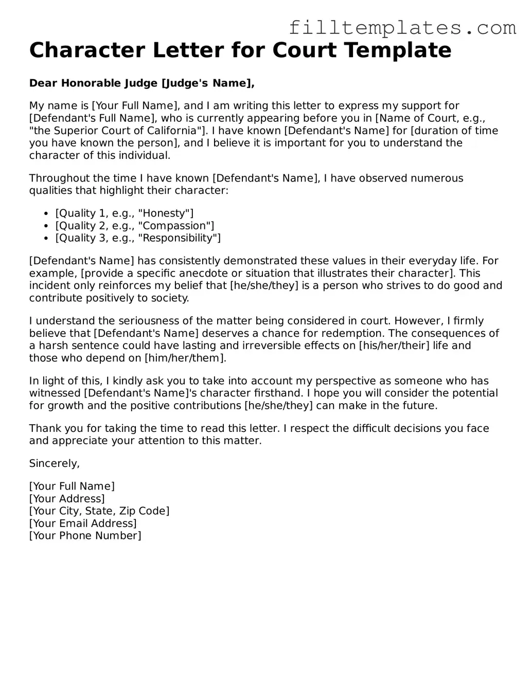 Free Character Letter for Court Template
