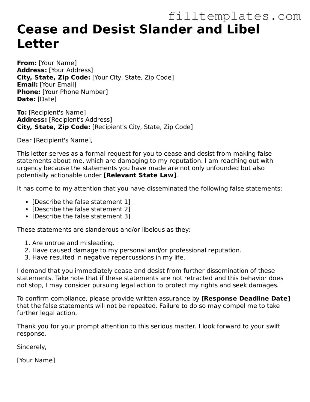 Free Cease and Desist Slander and Libel Letter Template
