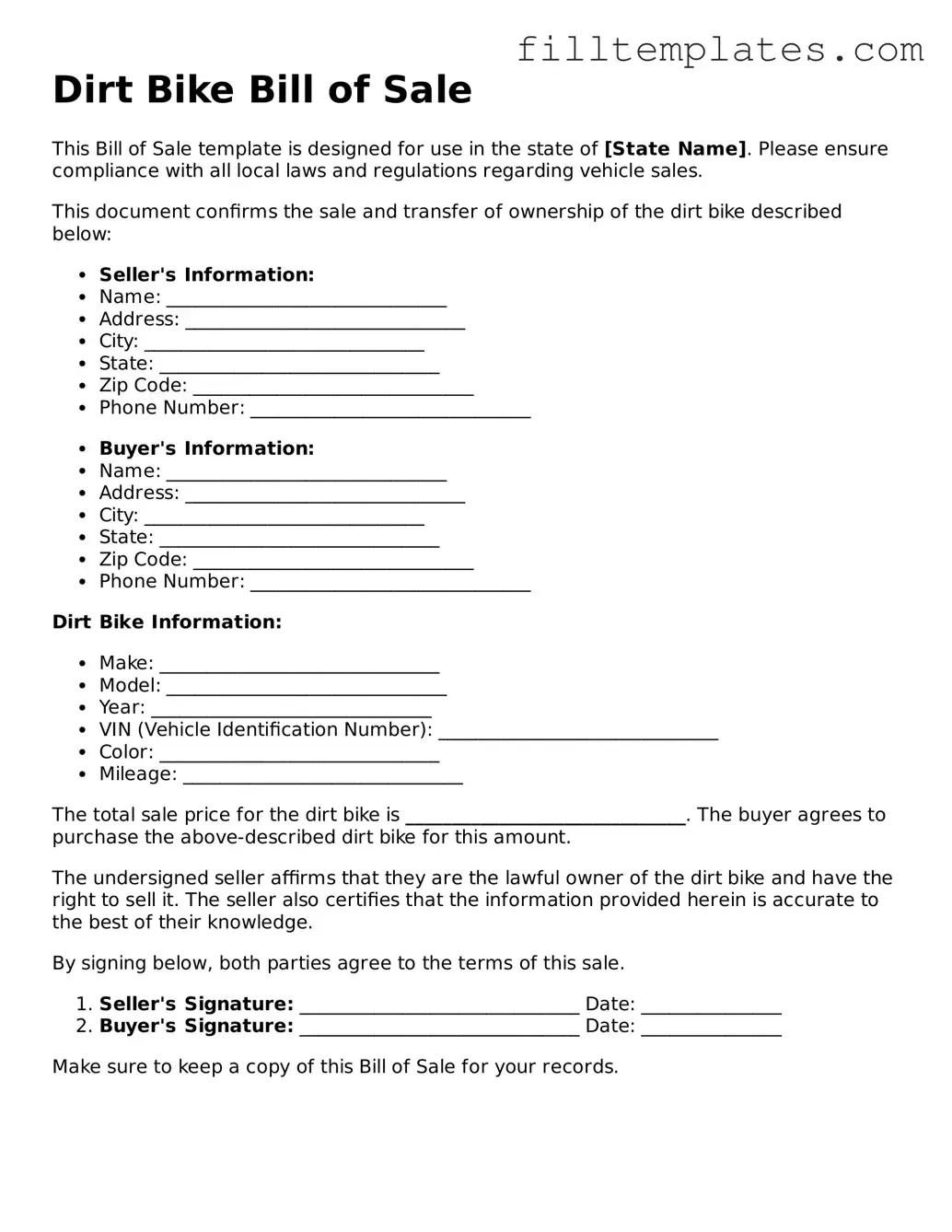 Free Dirt Bike Bill of Sale Template
