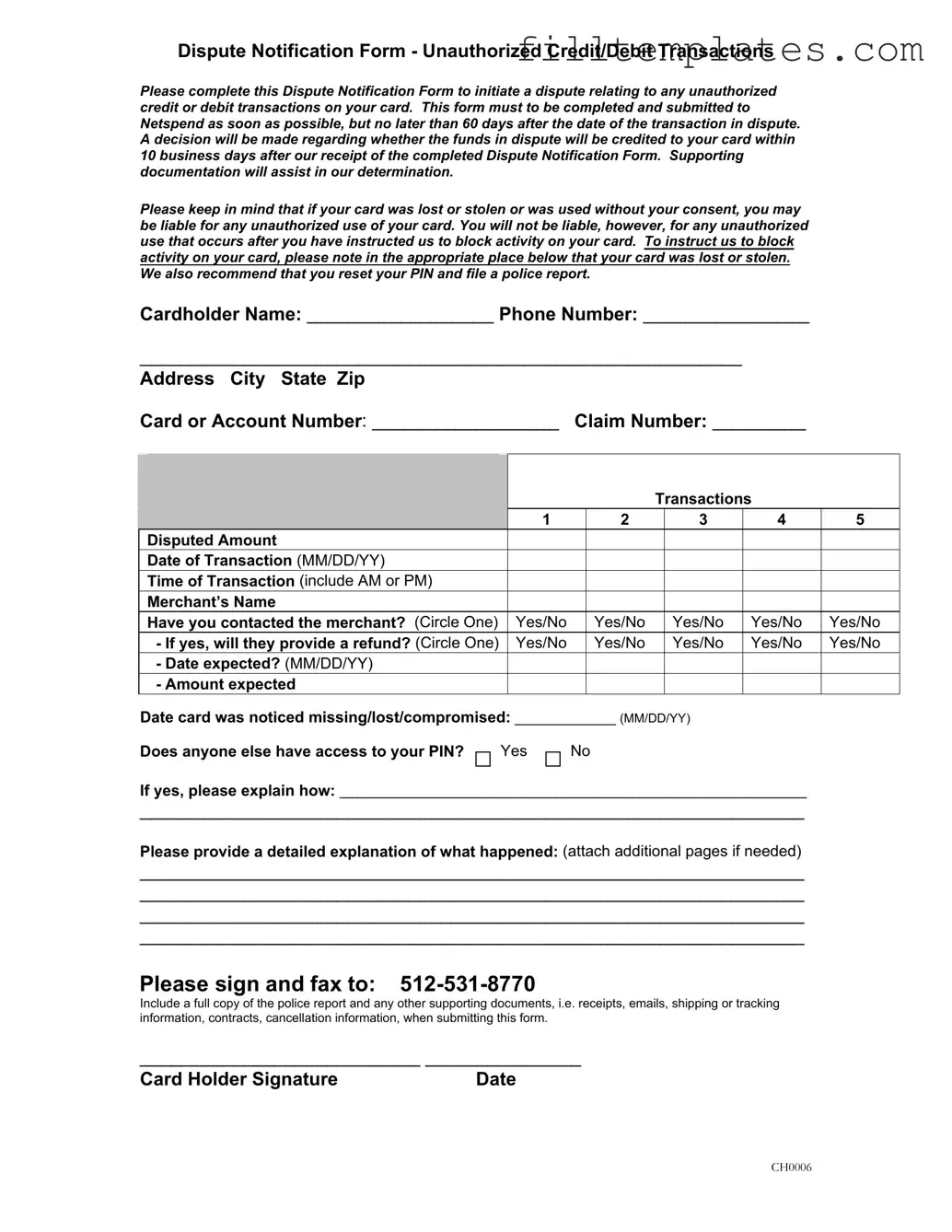 Download Netspend Dispute Template