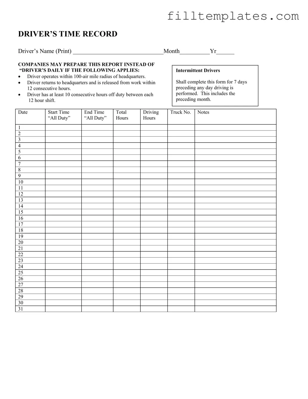 Download Driver Time Record Template