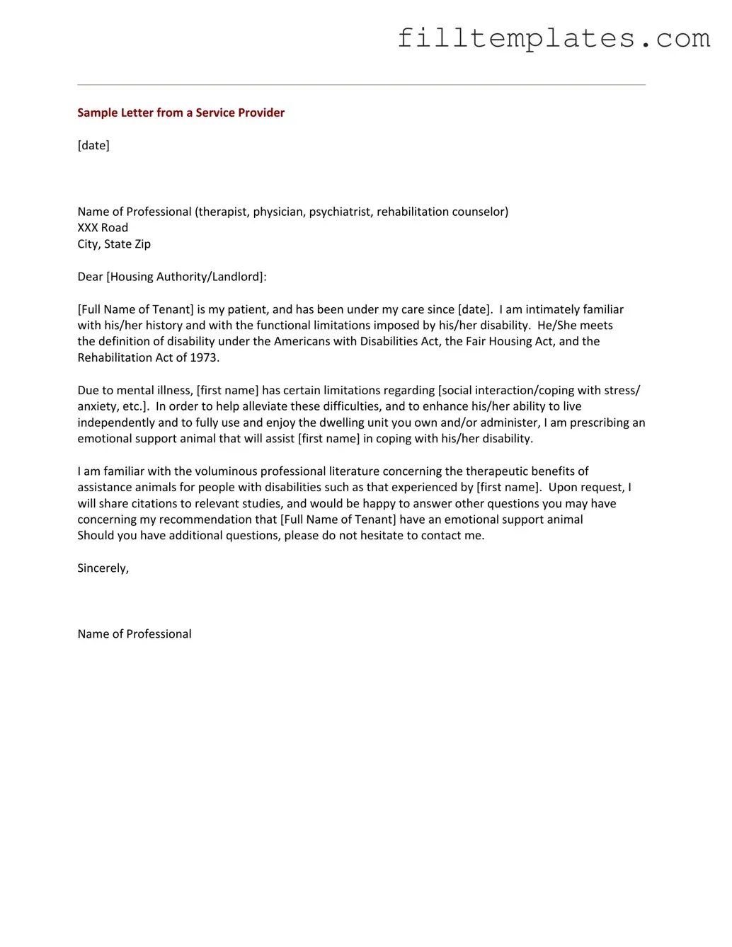 Download Emotional Support Animal Letter Template