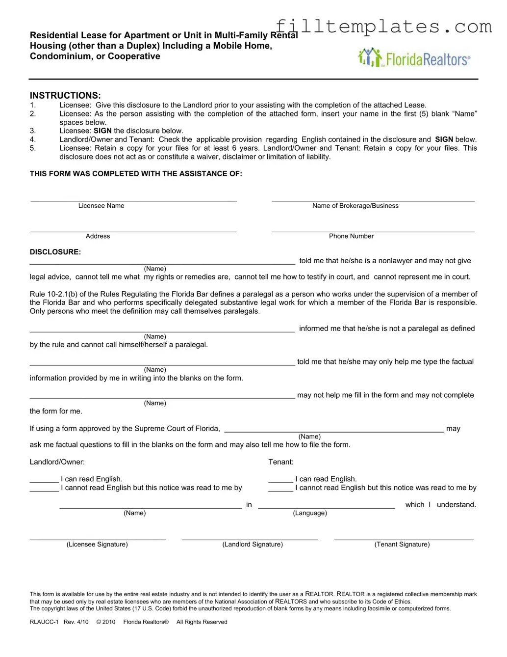 Download Florida Realtors Residential Lease Template