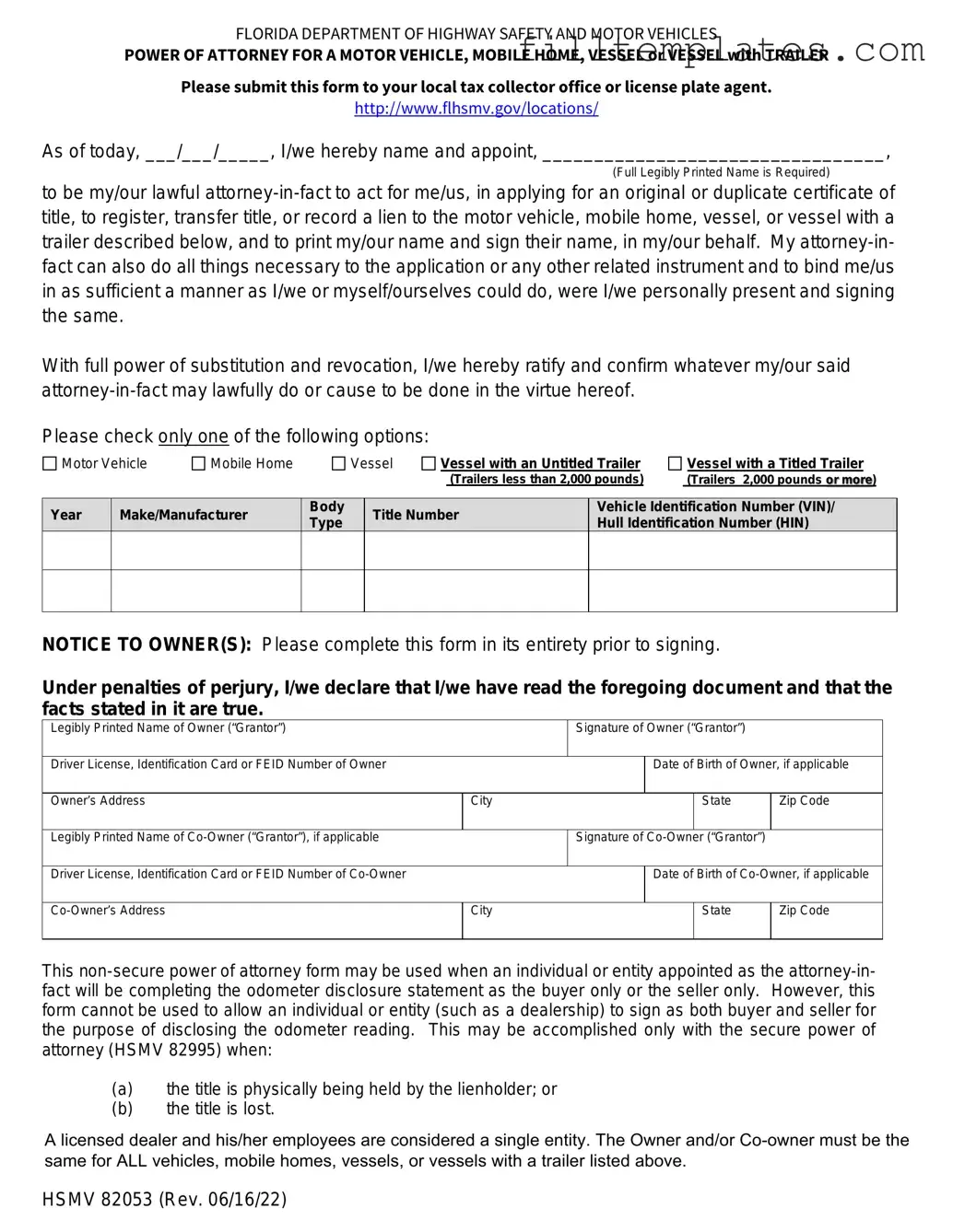 Download Florida Vehicle POA form 82053 Template