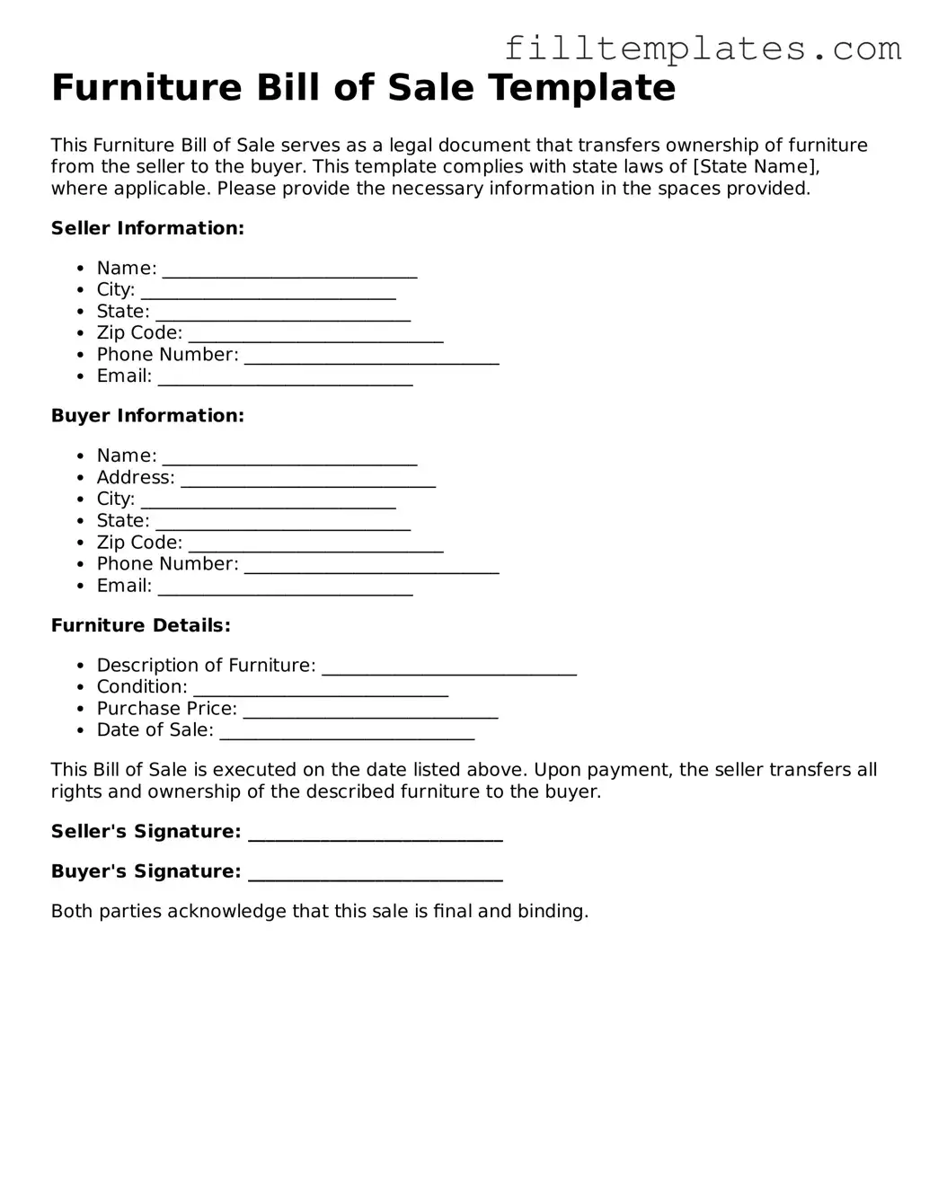 Free Furniture Bill of Sale Template