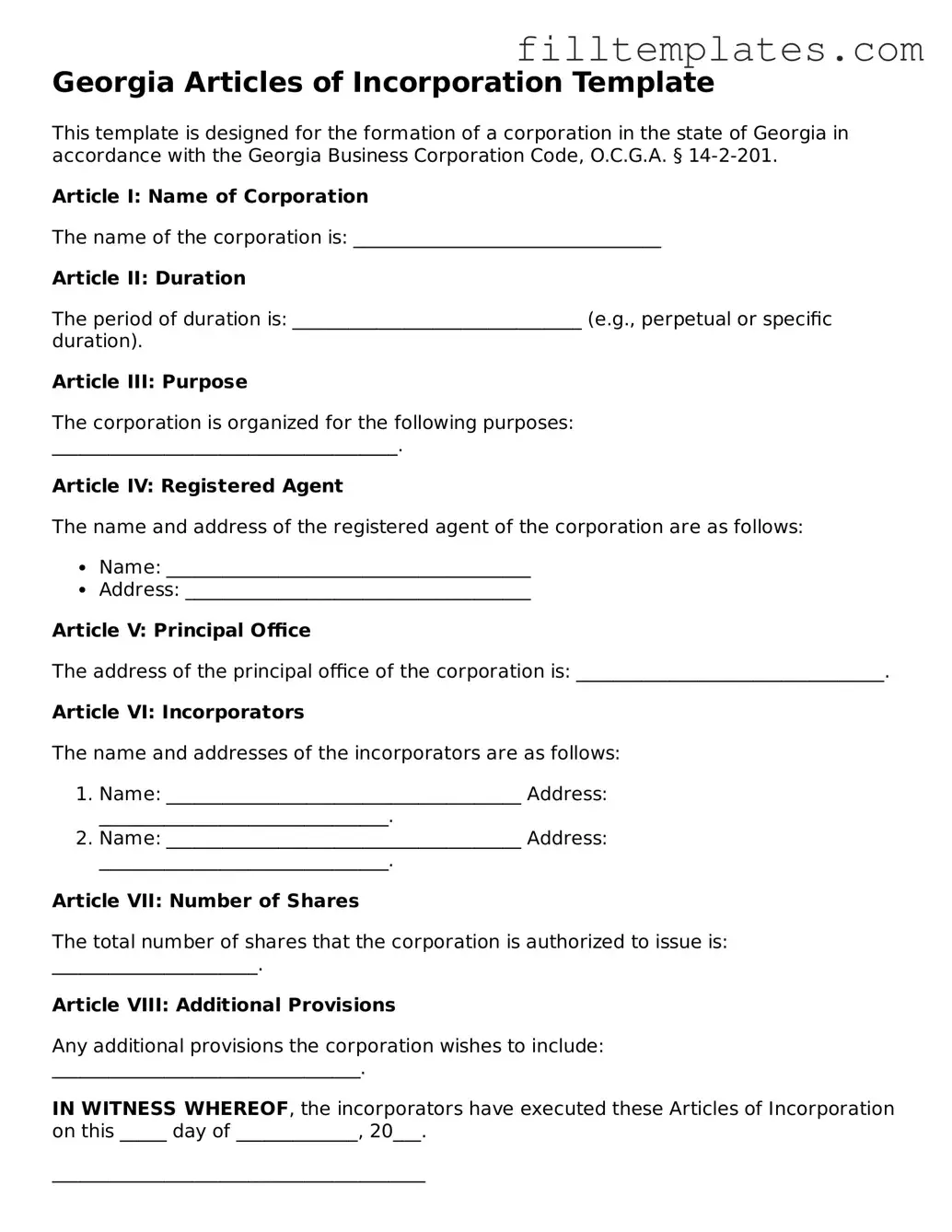 Official Articles of Incorporation Template for the State of Georgia