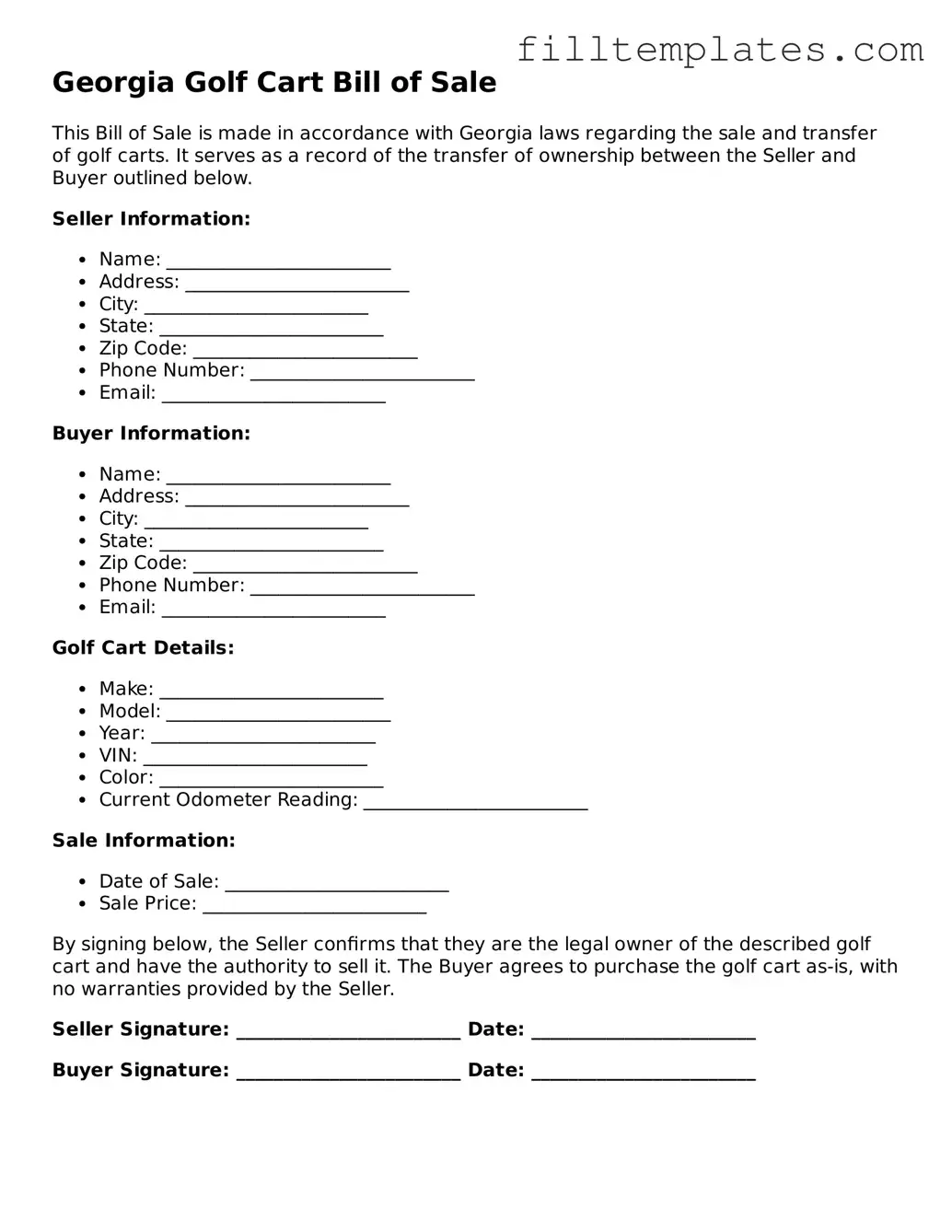 Official Golf Cart Bill of Sale Template for the State of Georgia