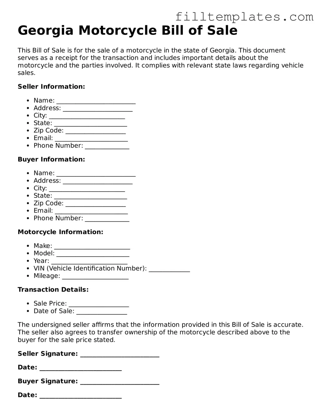 Official Motorcycle Bill of Sale Template for the State of Georgia