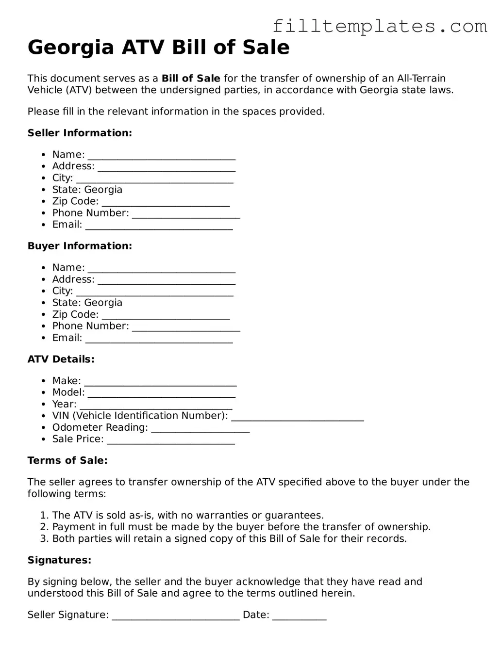 Official ATV Bill of Sale Template for the State of Georgia