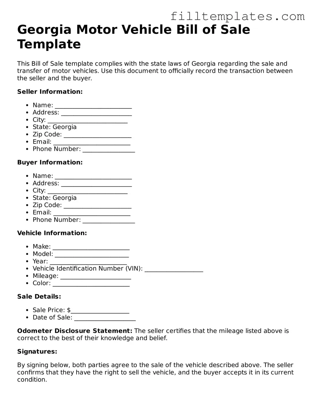 Official Motor Vehicle Bill of Sale Template for the State of Georgia