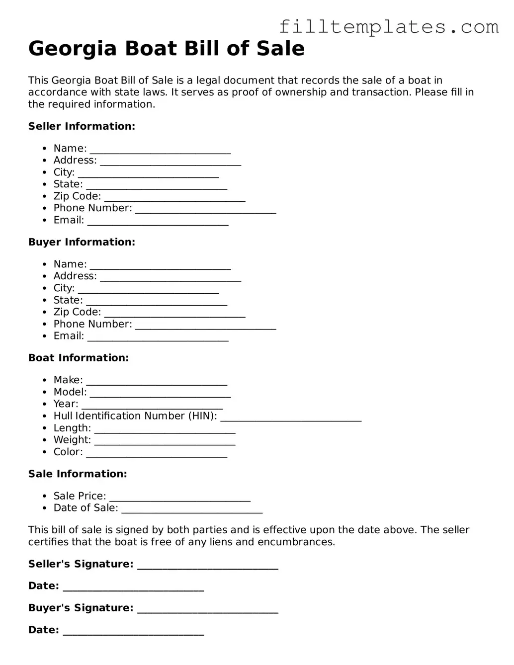 Official Boat Bill of Sale Template for the State of Georgia