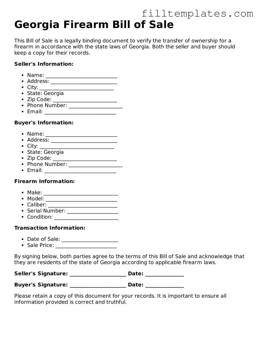 Official Firearm Bill of Sale Template for the State of Georgia