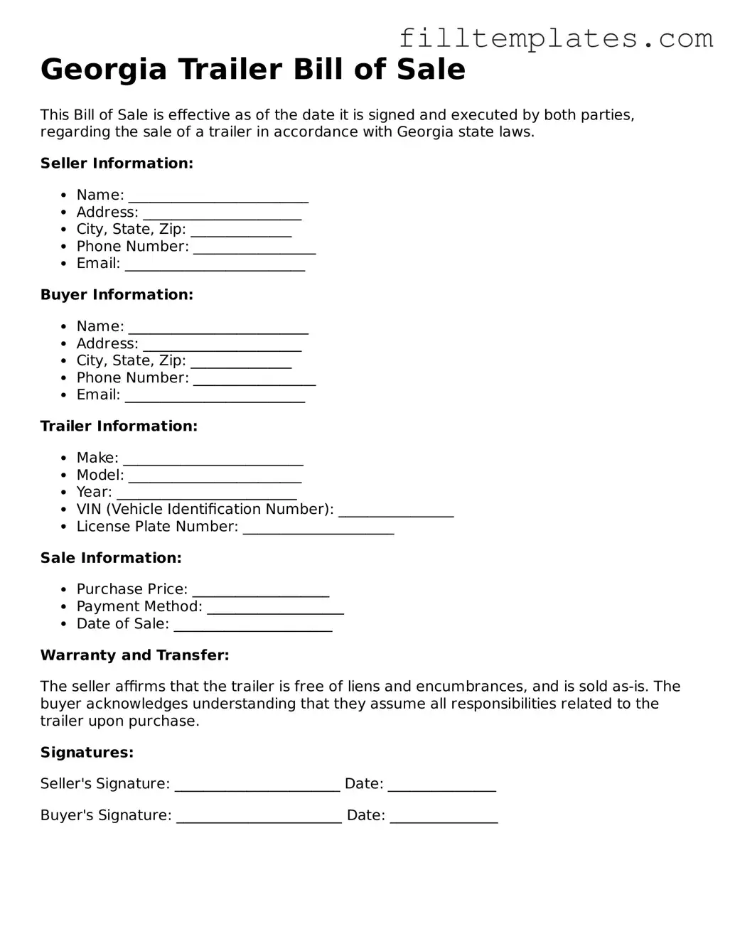 Official Trailer Bill of Sale Template for the State of Georgia
