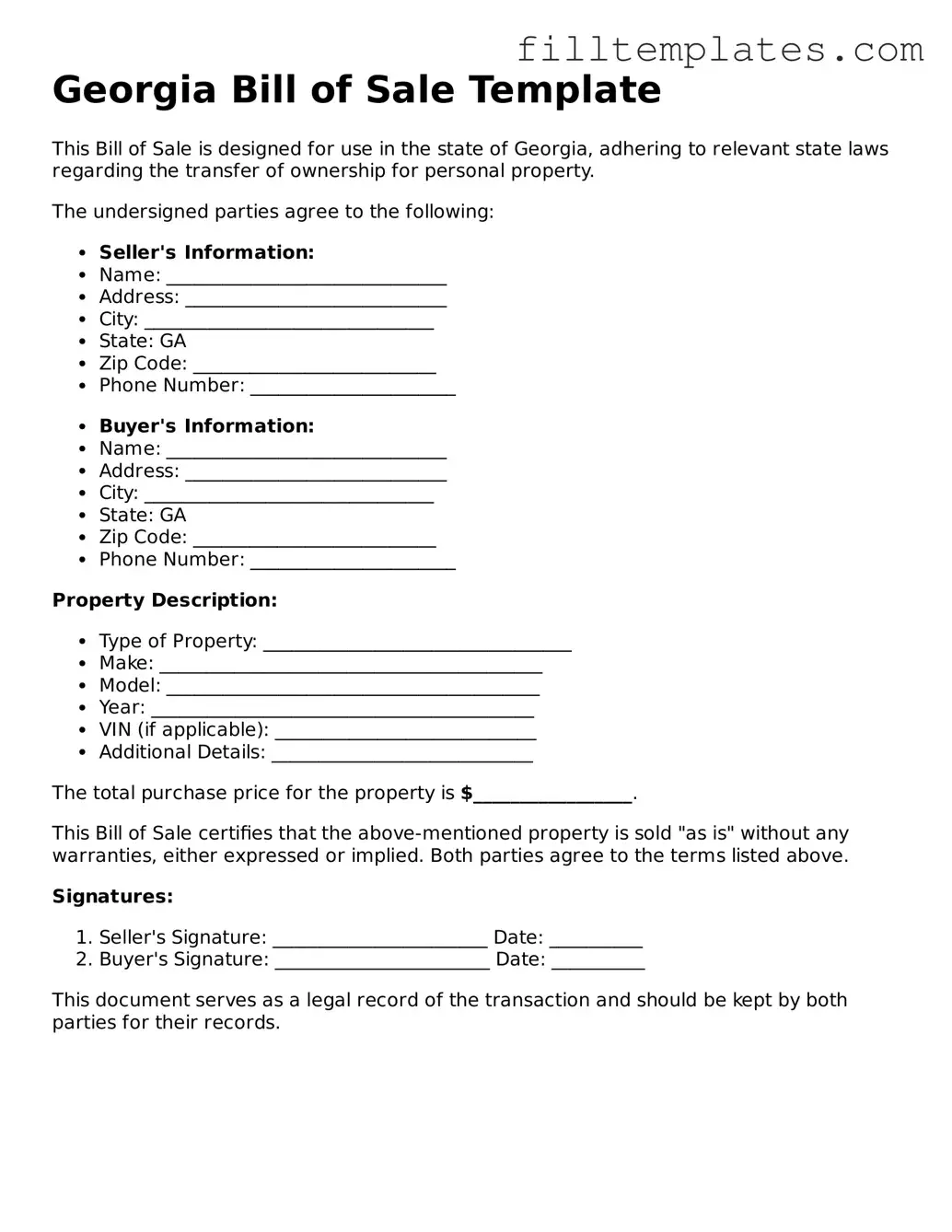 Official Bill of Sale Template for the State of Georgia