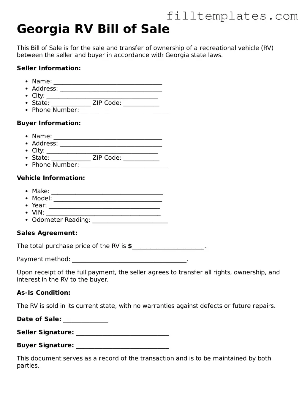 Official RV Bill of Sale Template for the State of Georgia