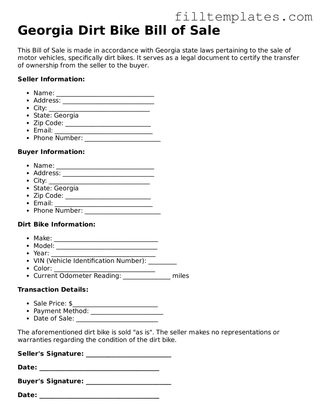 Official Dirt Bike Bill of Sale Template for the State of Georgia
