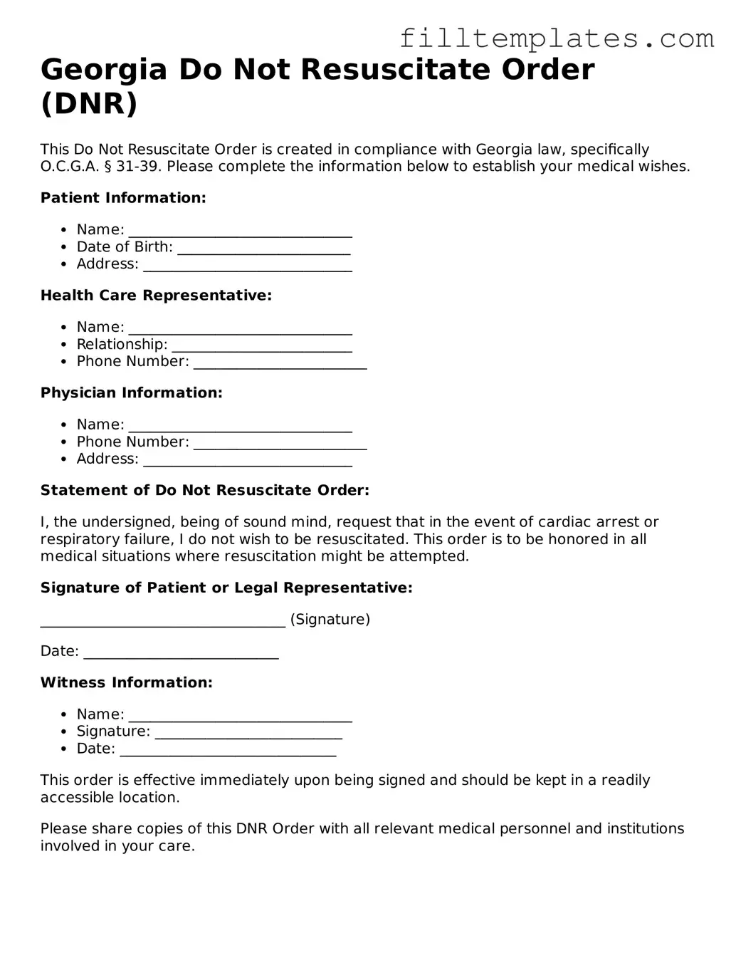 Official Do Not Resuscitate Order Template for the State of Georgia