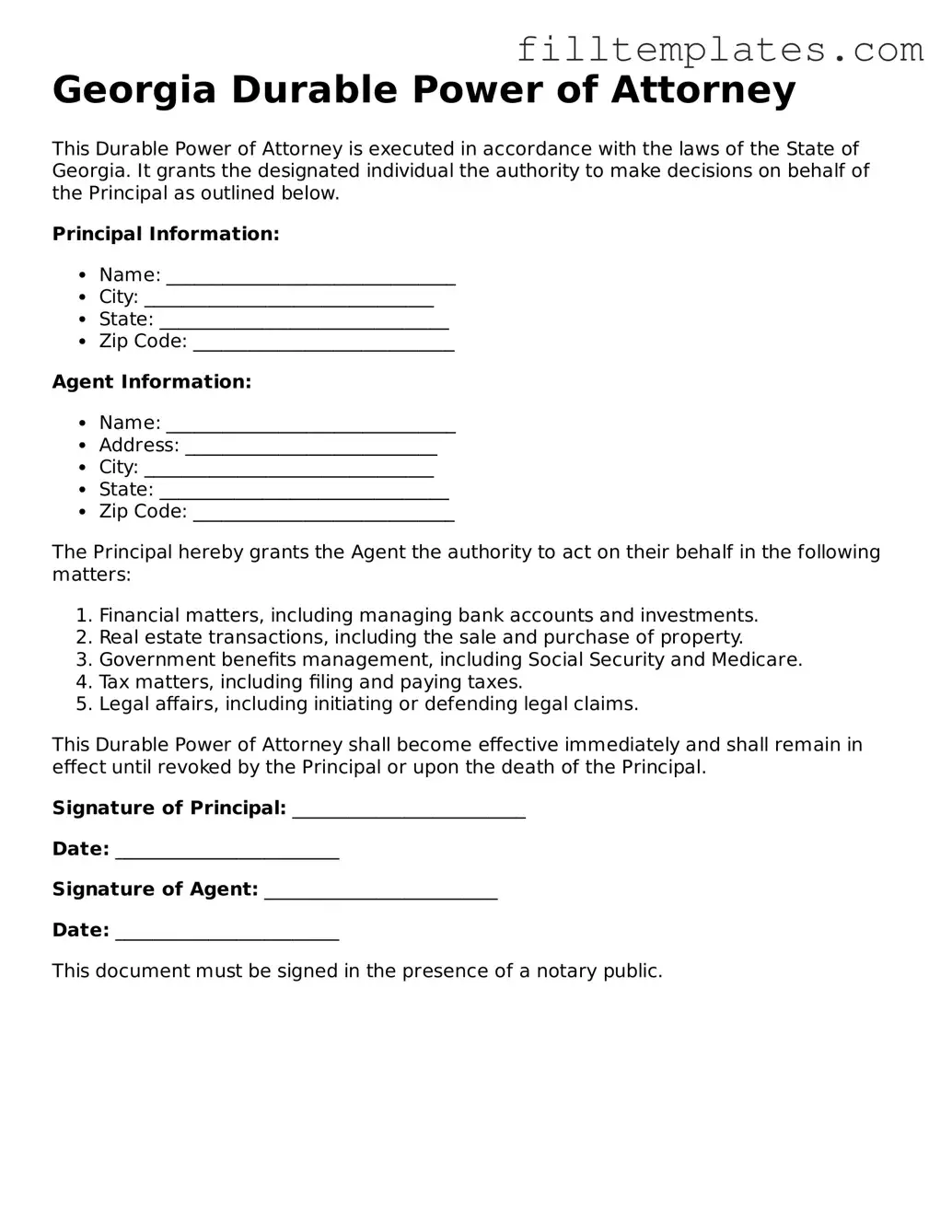 Official Durable Power of Attorney Template for the State of Georgia