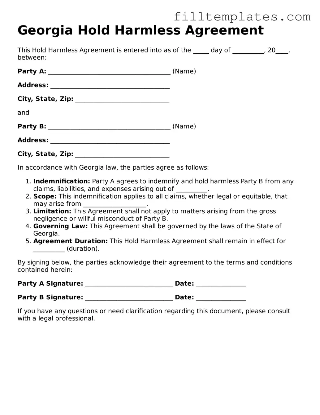 Official Hold Harmless Agreement Template for the State of Georgia