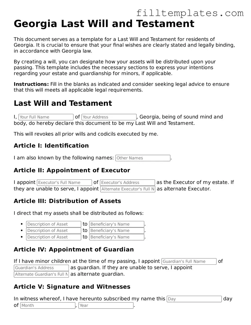 Official Last Will and Testament Template for the State of Georgia