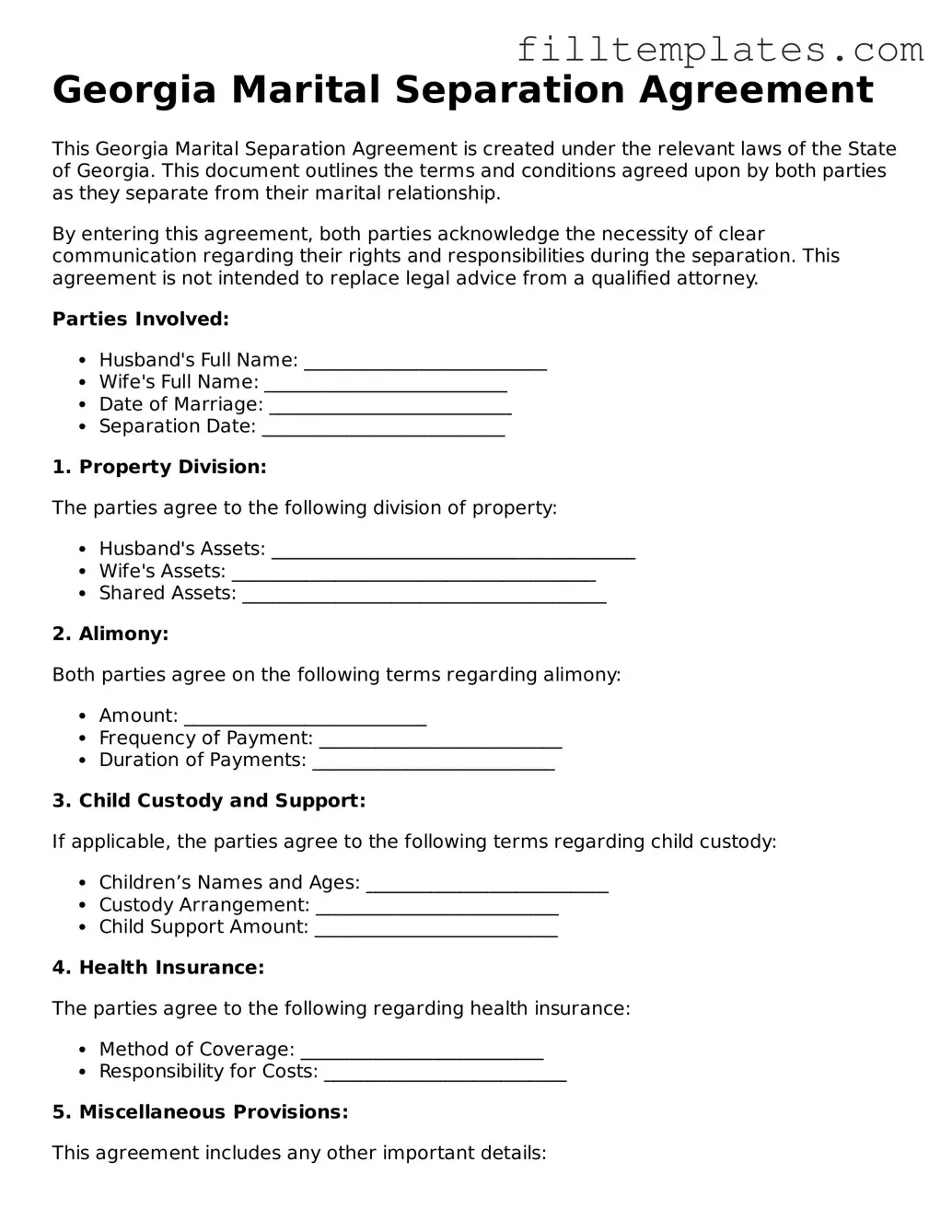 Official Marital Separation Agreement Template for the State of Georgia