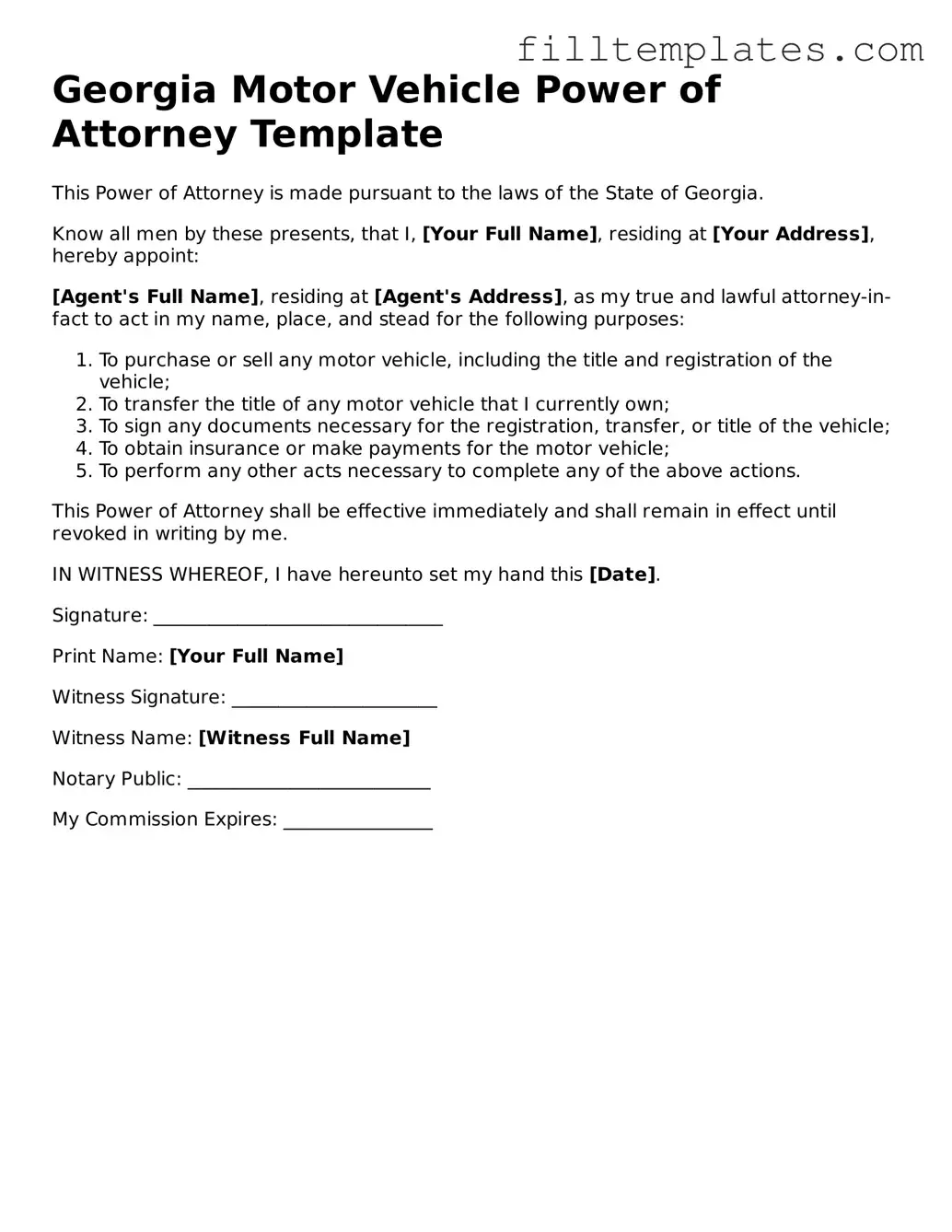 Official Motor Vehicle Power of Attorney Template for the State of Georgia