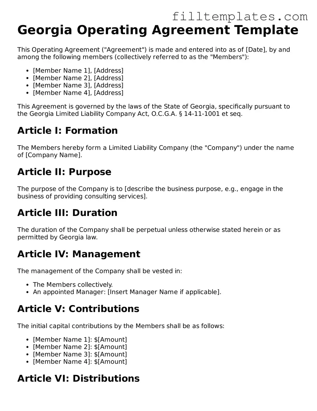 Official Operating Agreement Template for the State of Georgia