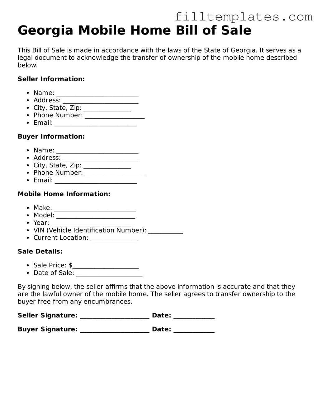 Official Mobile Home Bill of Sale Template for the State of Georgia