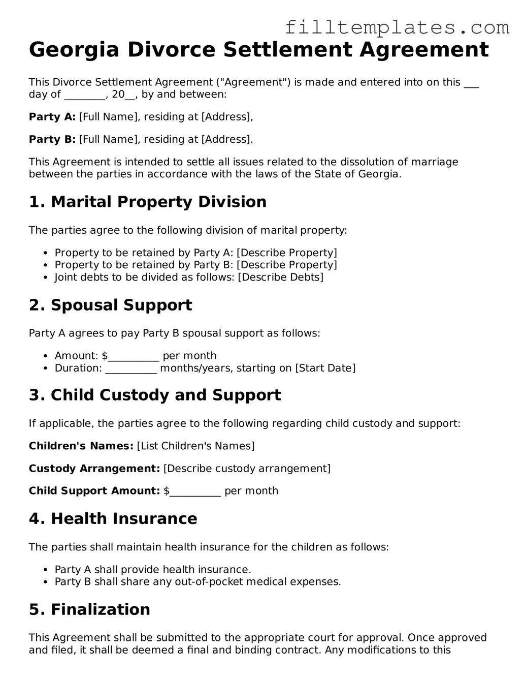 Official Divorce Settlement Agreement Template for the State of Georgia