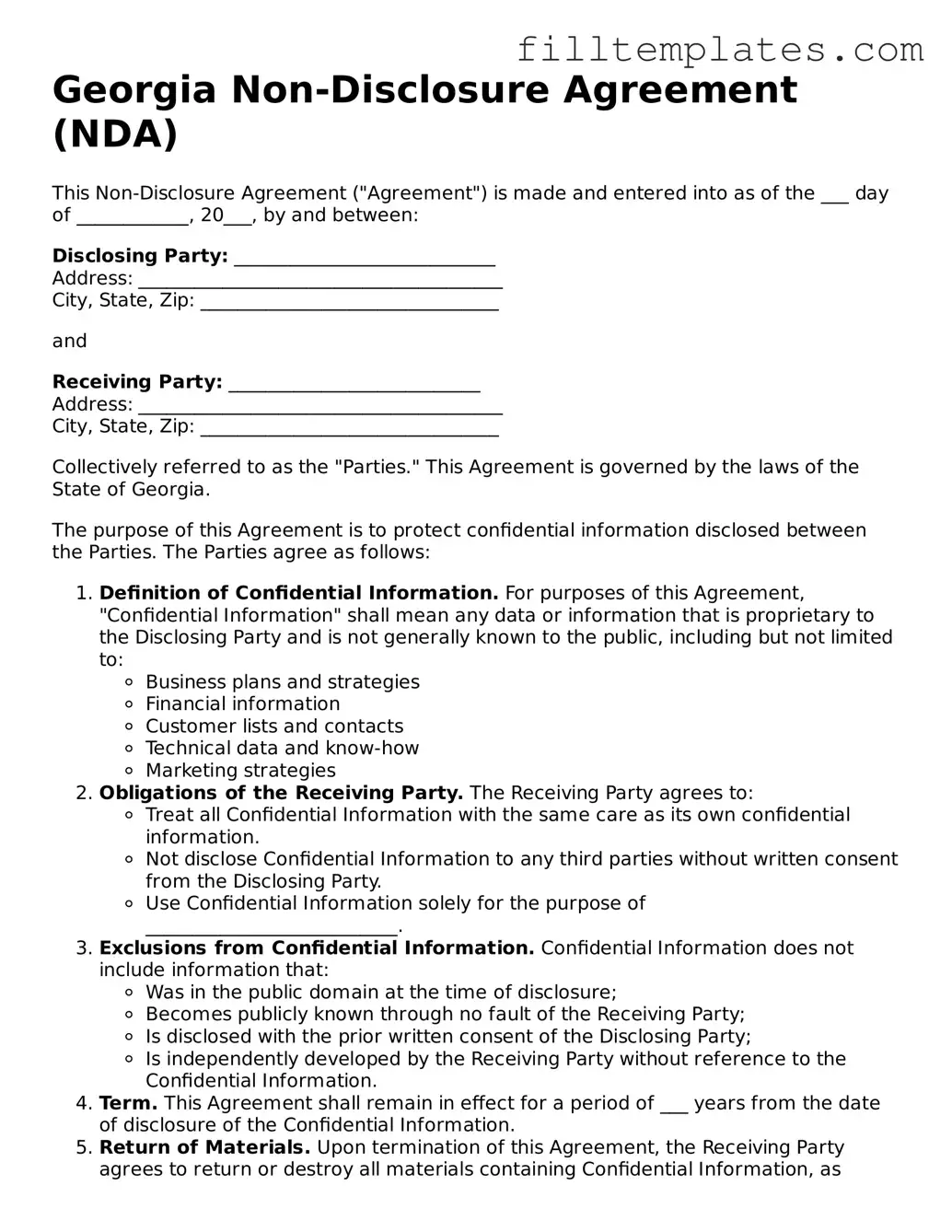 Official Non-disclosure Agreement Template for the State of Georgia