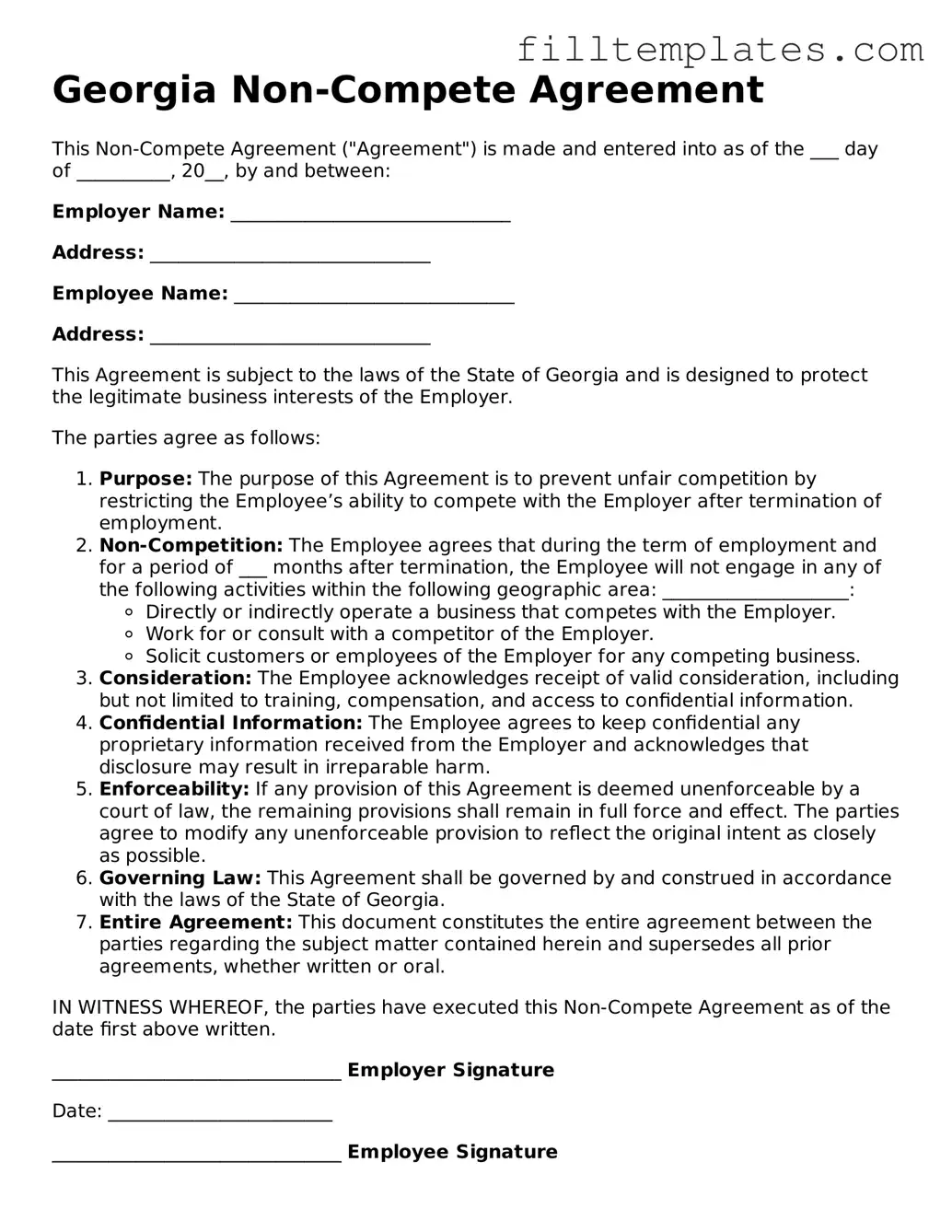 Official Non-compete Agreement Template for the State of Georgia