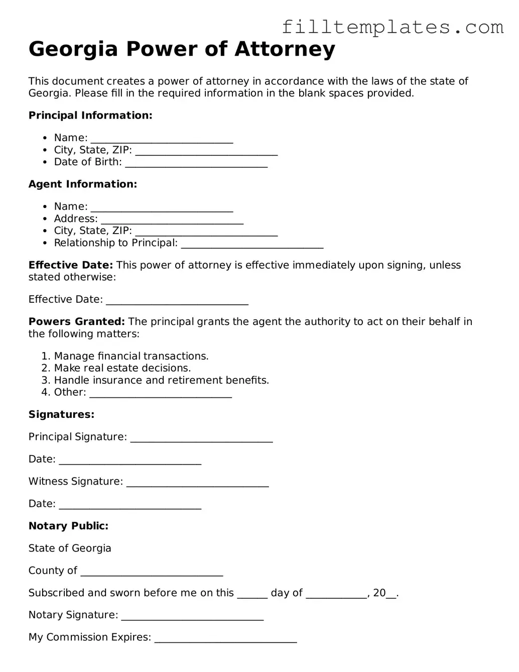 Official Power of Attorney Template for the State of Georgia