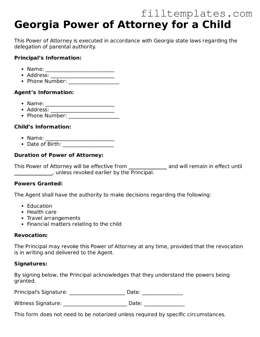 Official Power of Attorney for a Child Template for the State of Georgia