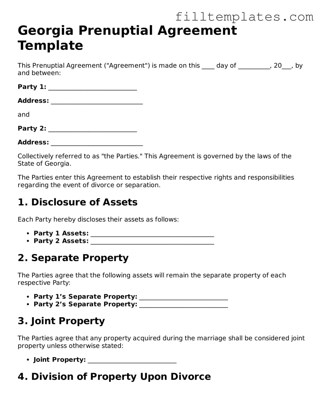 Official Prenuptial Agreement Template for the State of Georgia